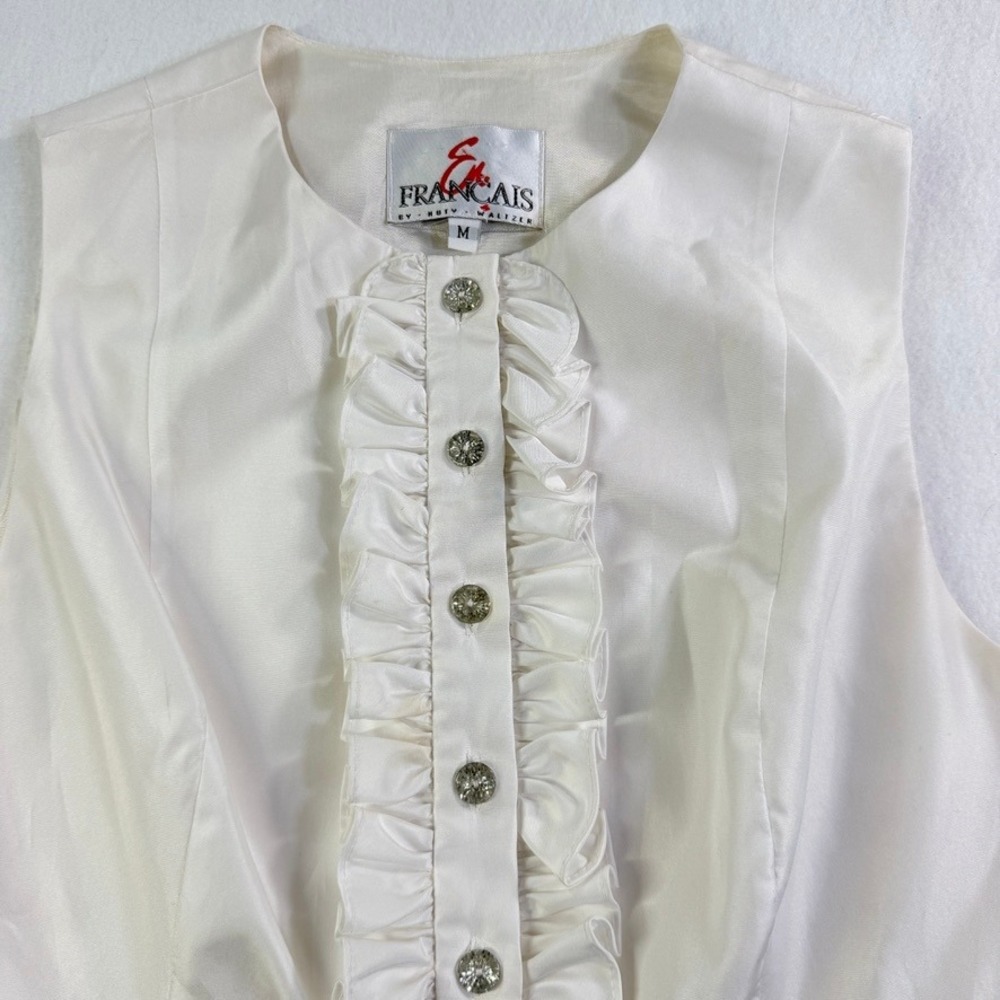 Vintage 90s White Satin Ruffle Rhinestone Tuxedo Vest M En Francais Huey - Picture 6 of 12